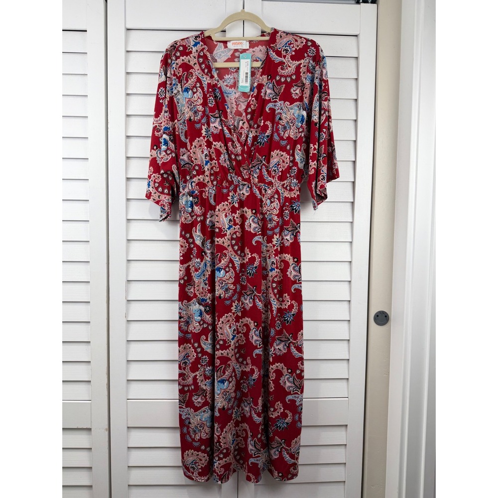 Renee C Midi Dress XL Red Paisley Knit V-Neck Half Sleeve NEW